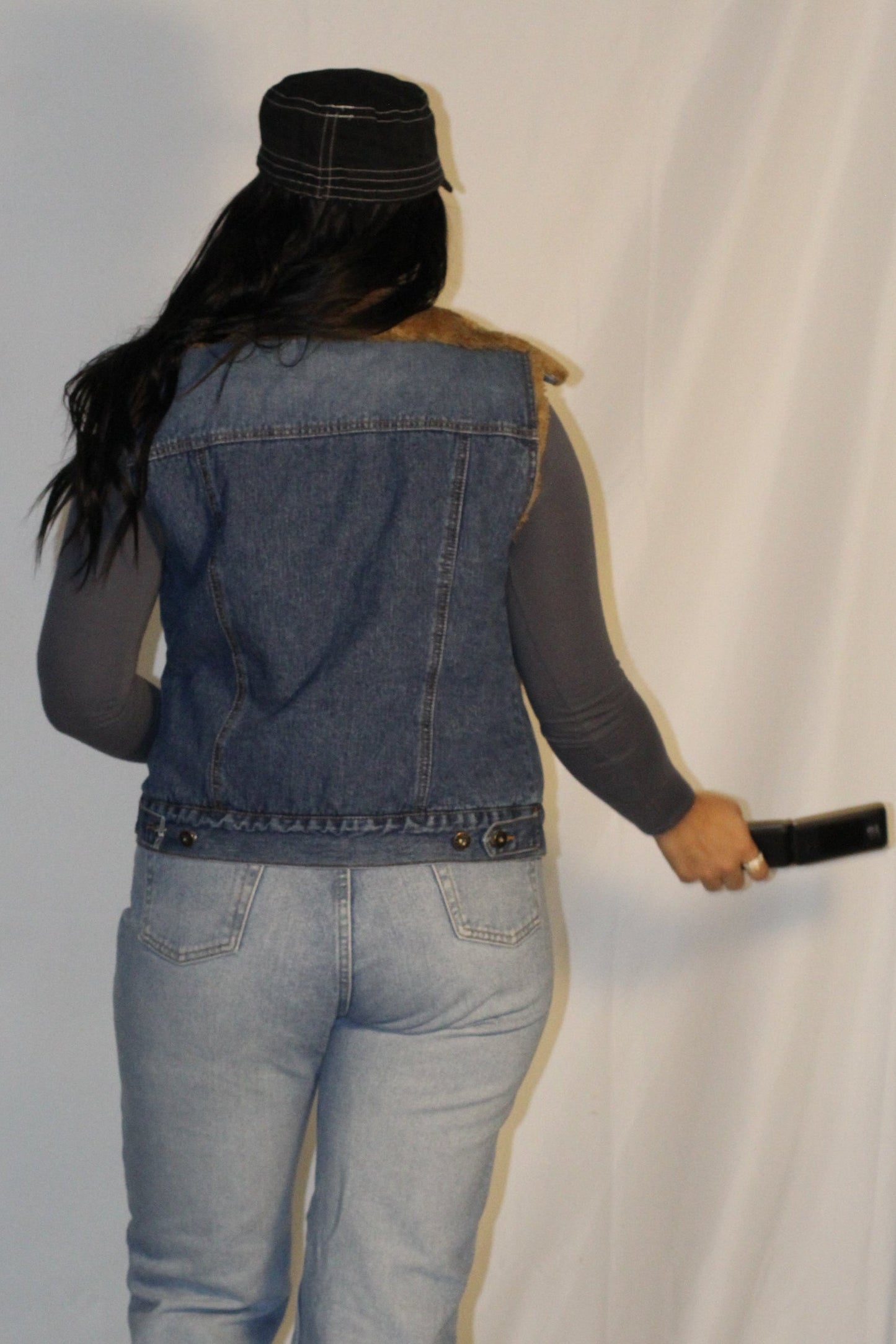 Aziza Jeans Studded Sherpa-Lined Denim Vest