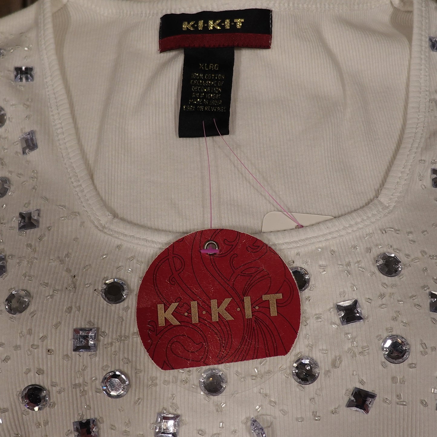 Kikit White Rhinestone Embellished Ribbed Tank Top-XL
