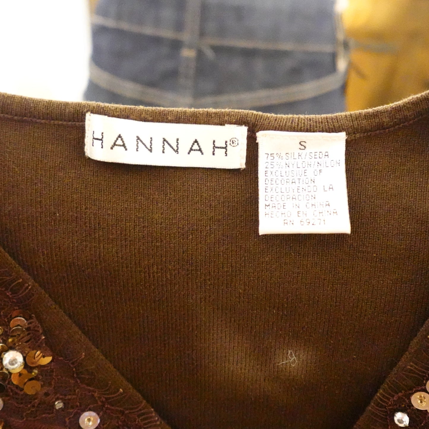 Brown Beaded V-Neck Knit Top (S)