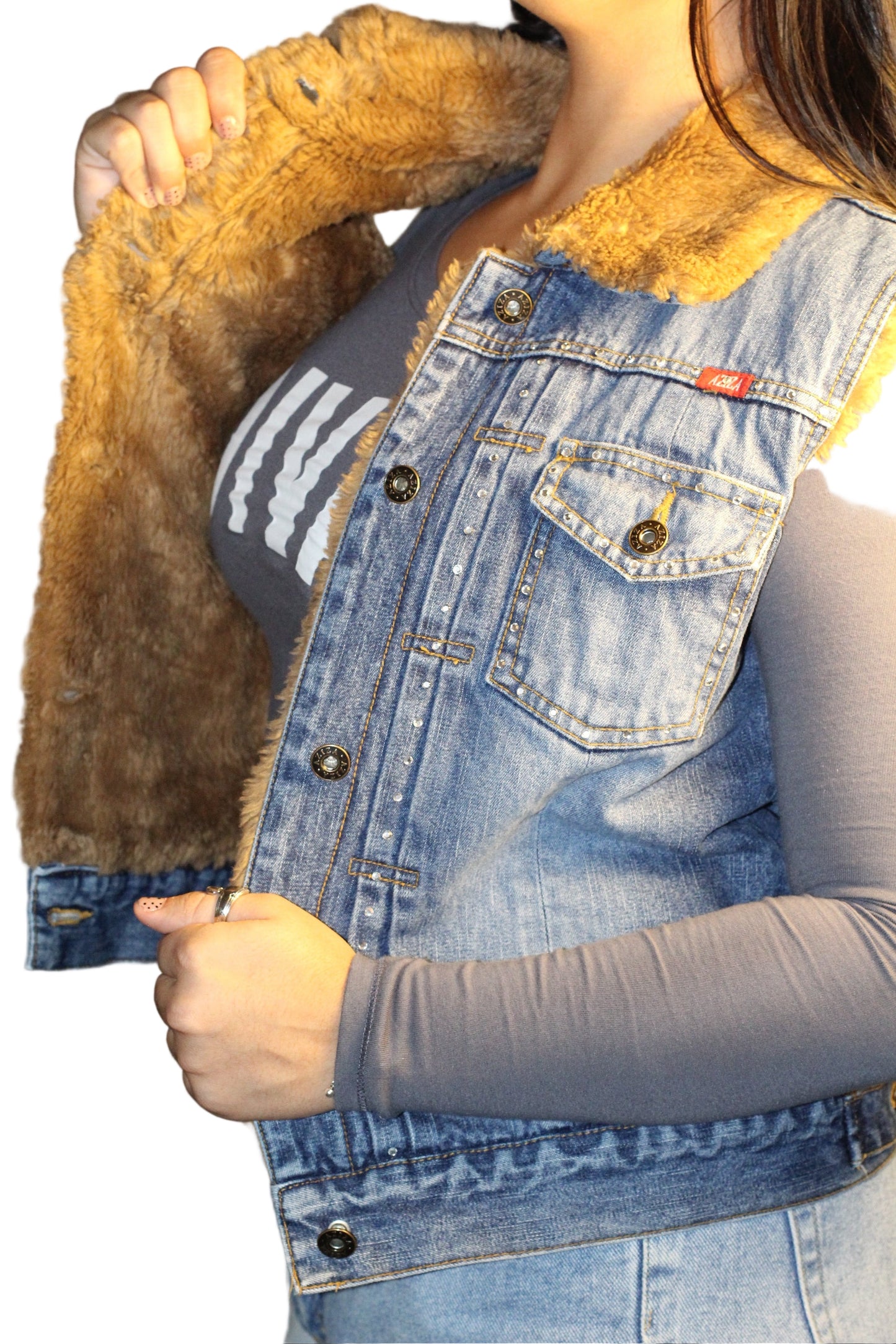 Aziza Jeans Studded Sherpa-Lined Denim Vest