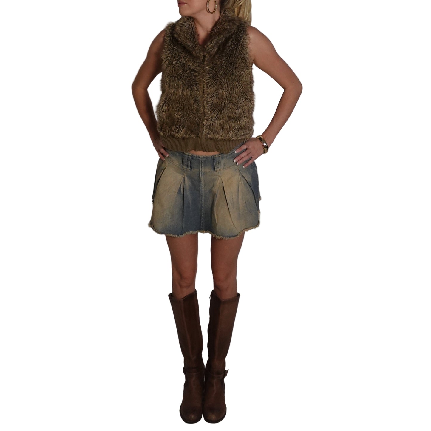 Denim Pleated Mini Skirt-XS