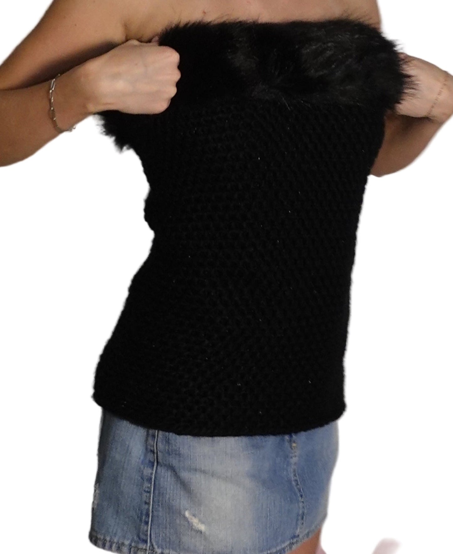 Black Fur & Knitted Strapless Top