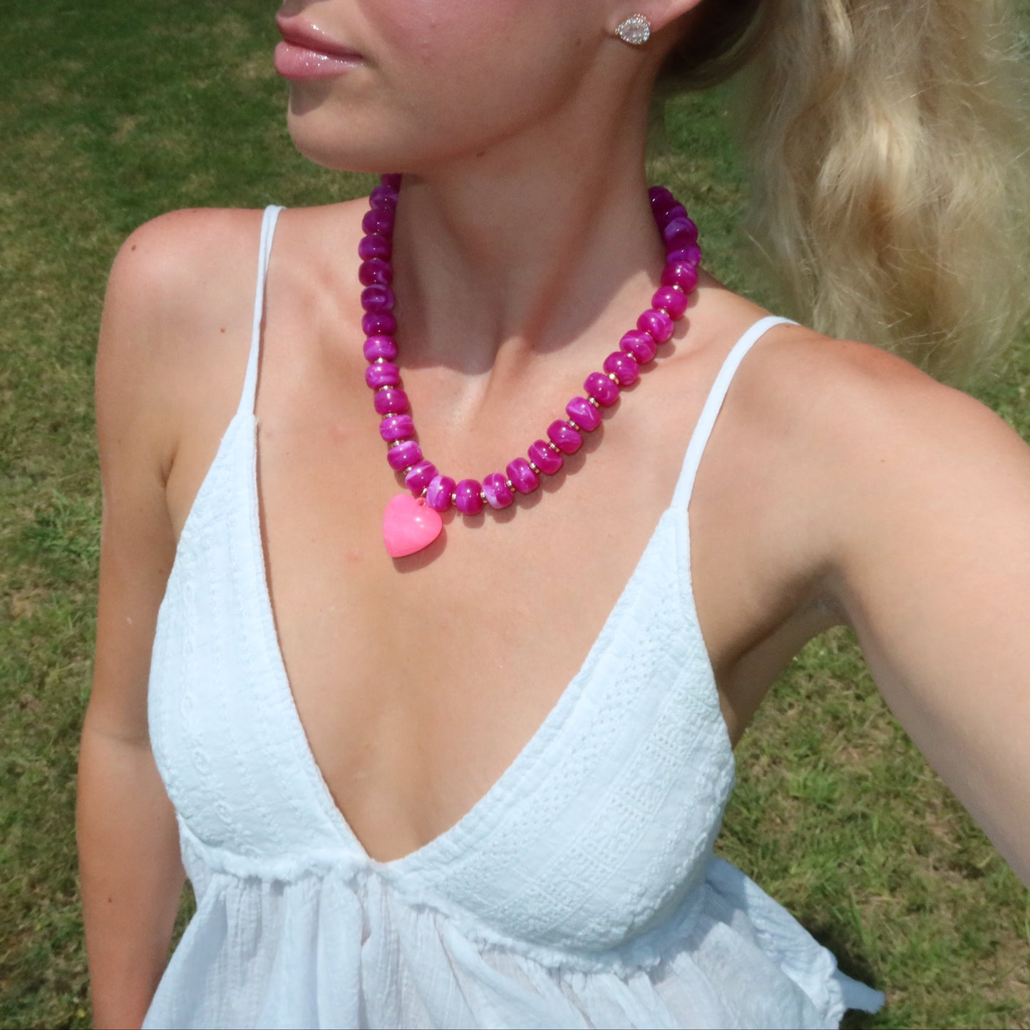 Ellison Chunky Beaded Heart Necklace - Magenta