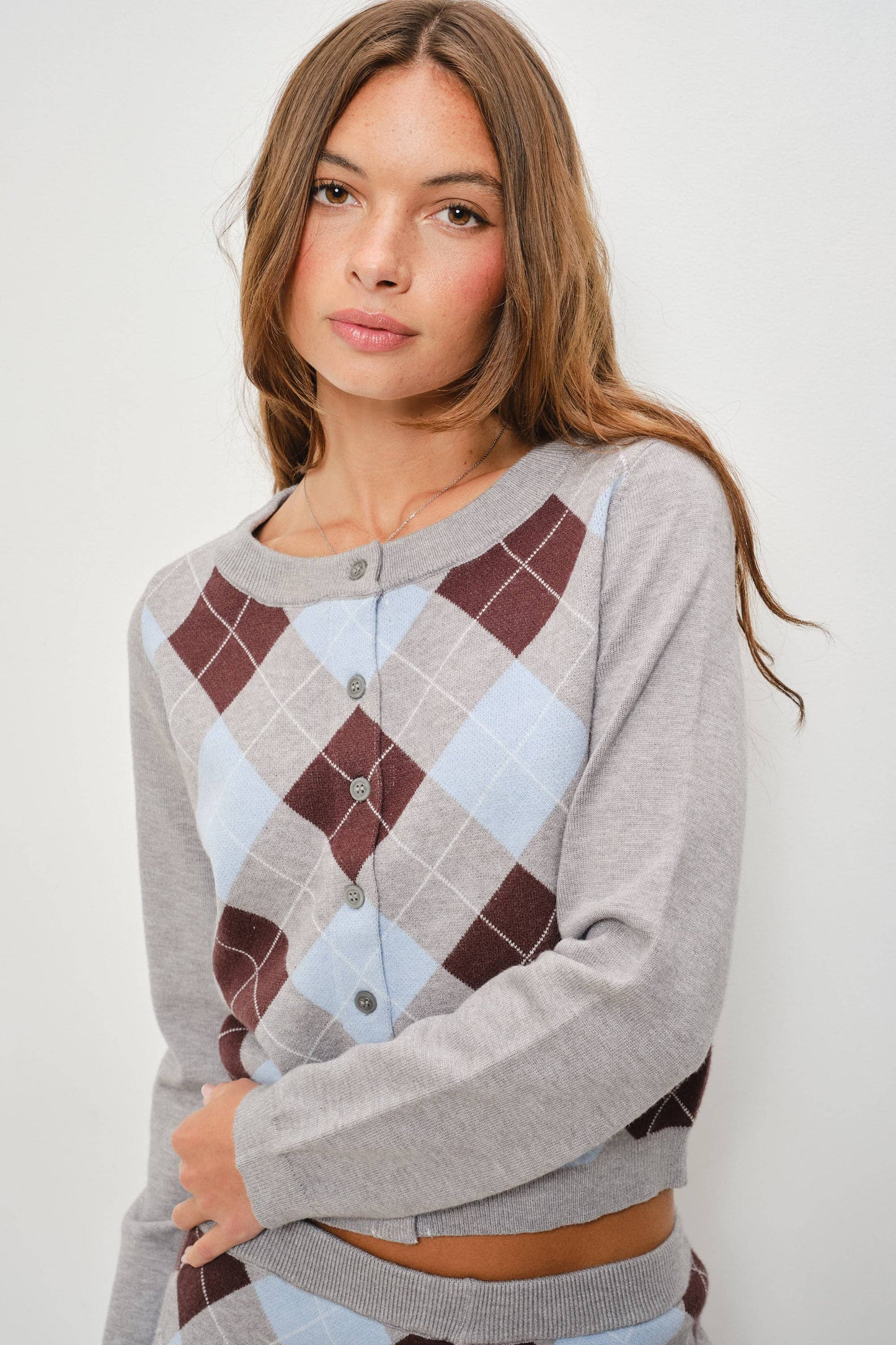 PREORDER PIPPA ARGYLE BUTTON UP CARDIGAN
