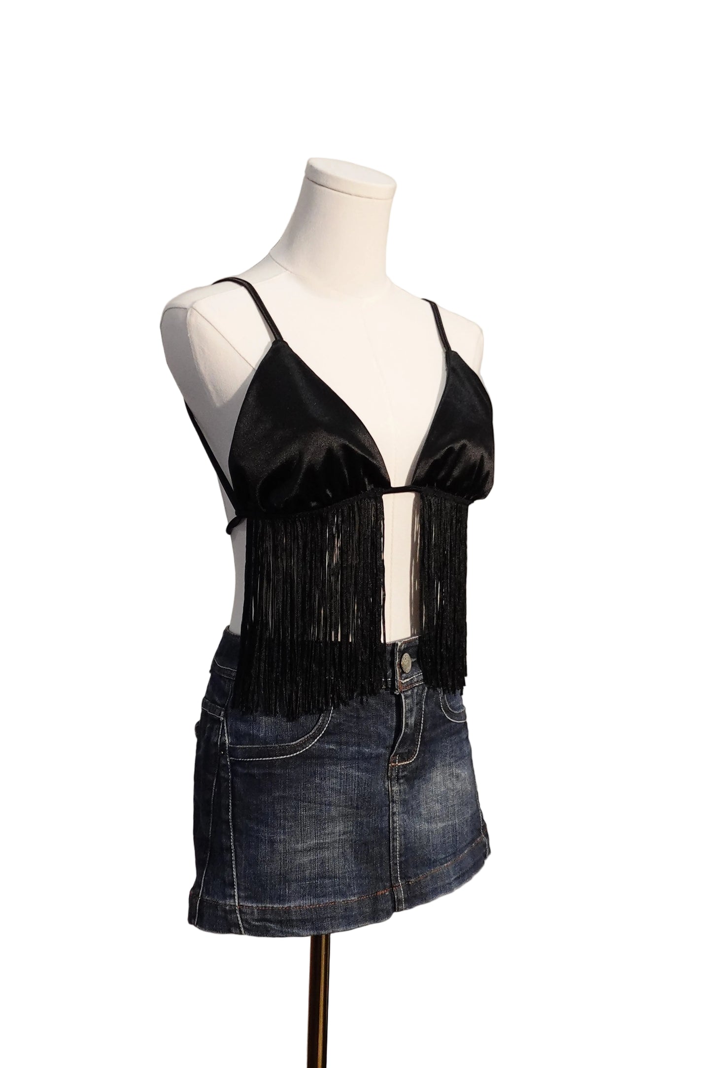 Black Satin Fringe Halter Top