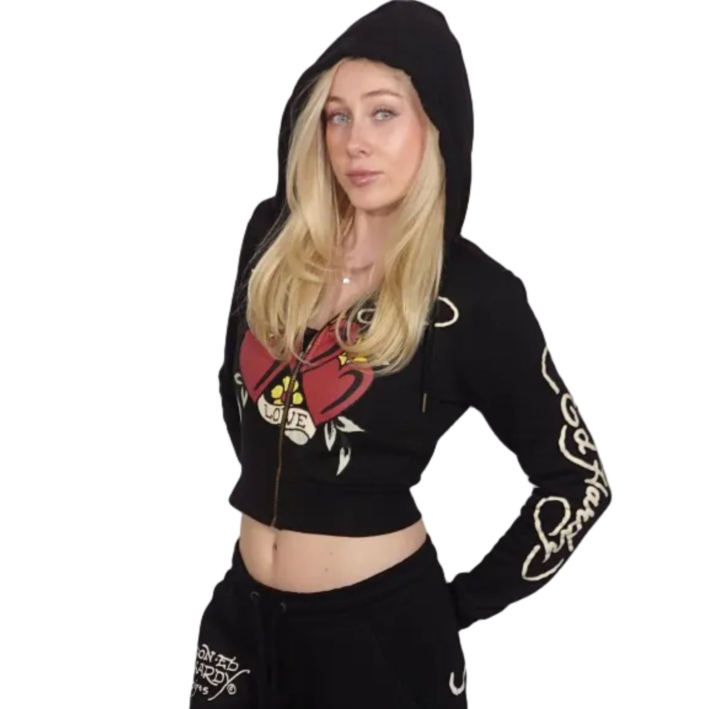 Ed Hardy Sacred Heart Black Crop Zip Hoodie Jacket (L)