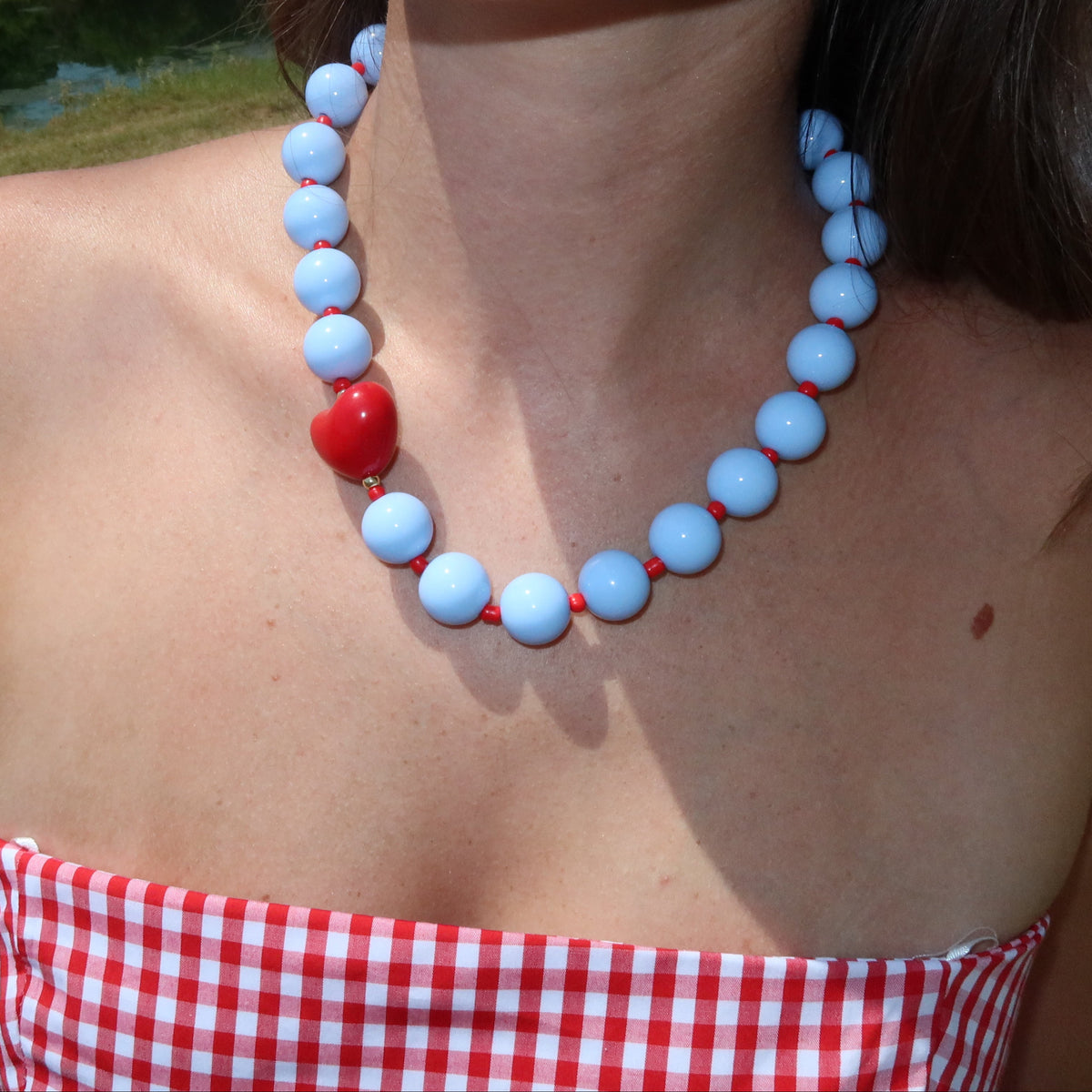 Judy Chunky Beaded Heart Necklace - Light Blue