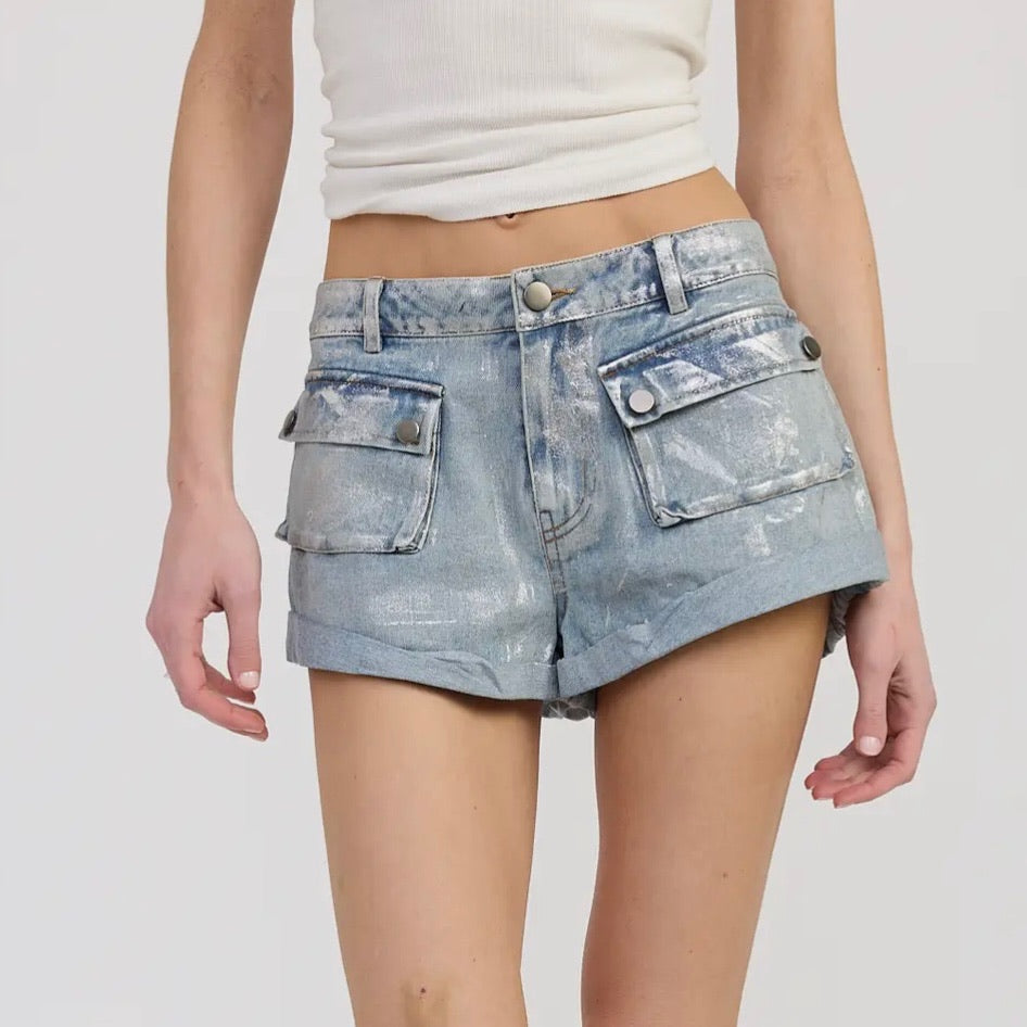 Metallic Cargo Mini Denim Shorts