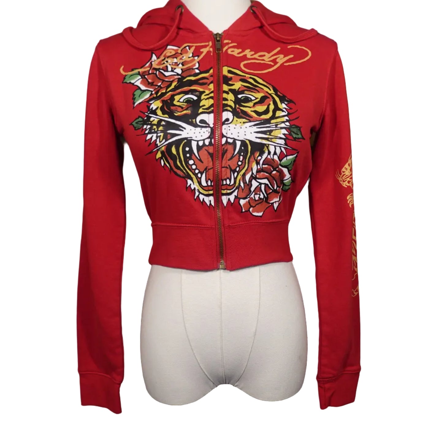Ed Hardy Tiger and Rose Crop Red Jacket-S