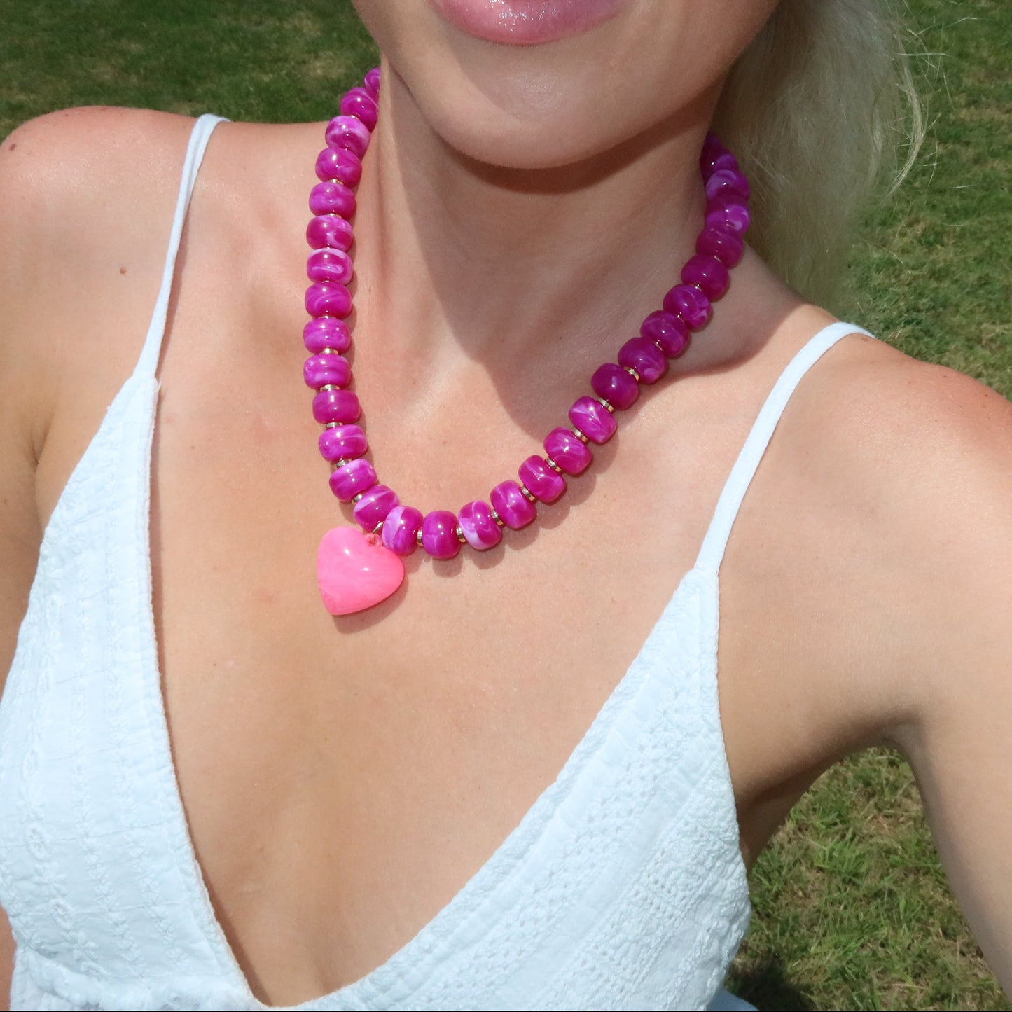 Ellison Chunky Beaded Heart Necklace - Magenta