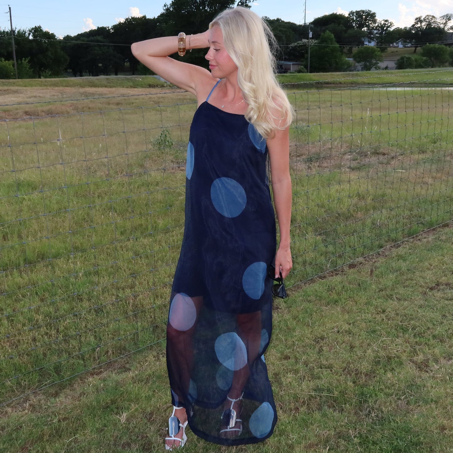 Polka Dot Sheer Overlay Maxi Dress