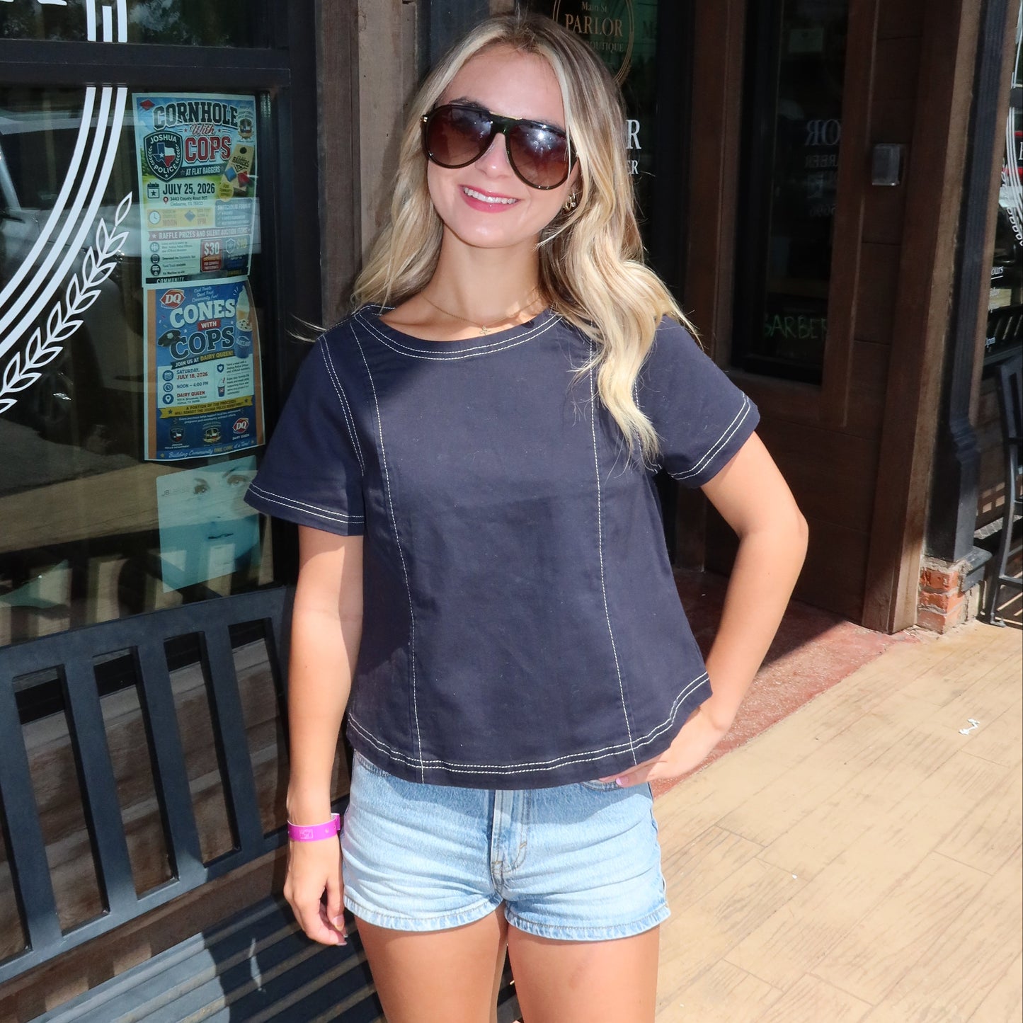 Navy Boat Neck Cotton Top