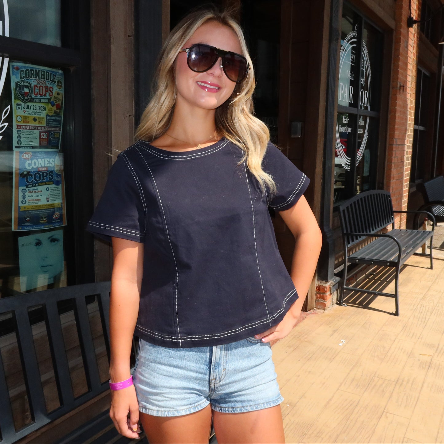Navy Boat Neck Cotton Top