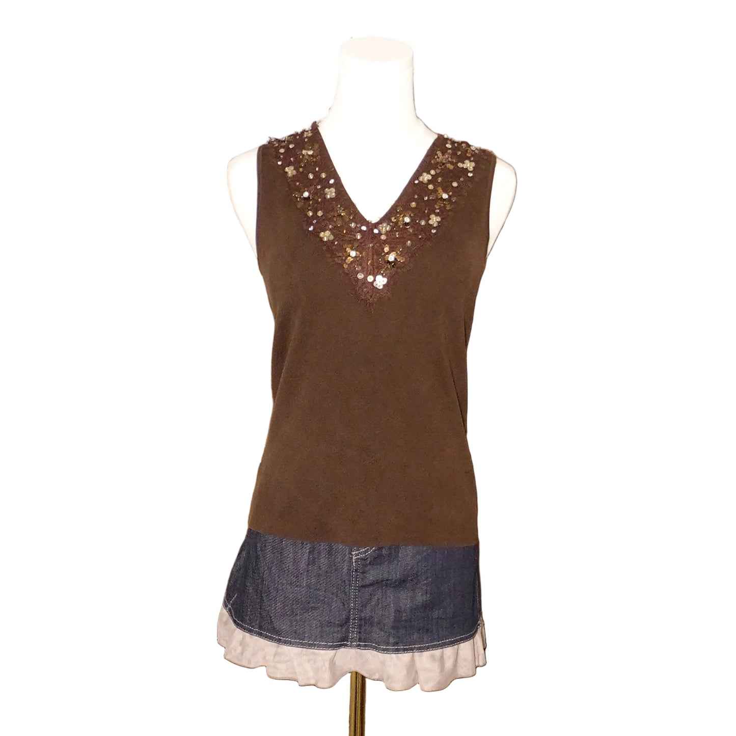 Brown Beaded V-Neck Knit Top (S)