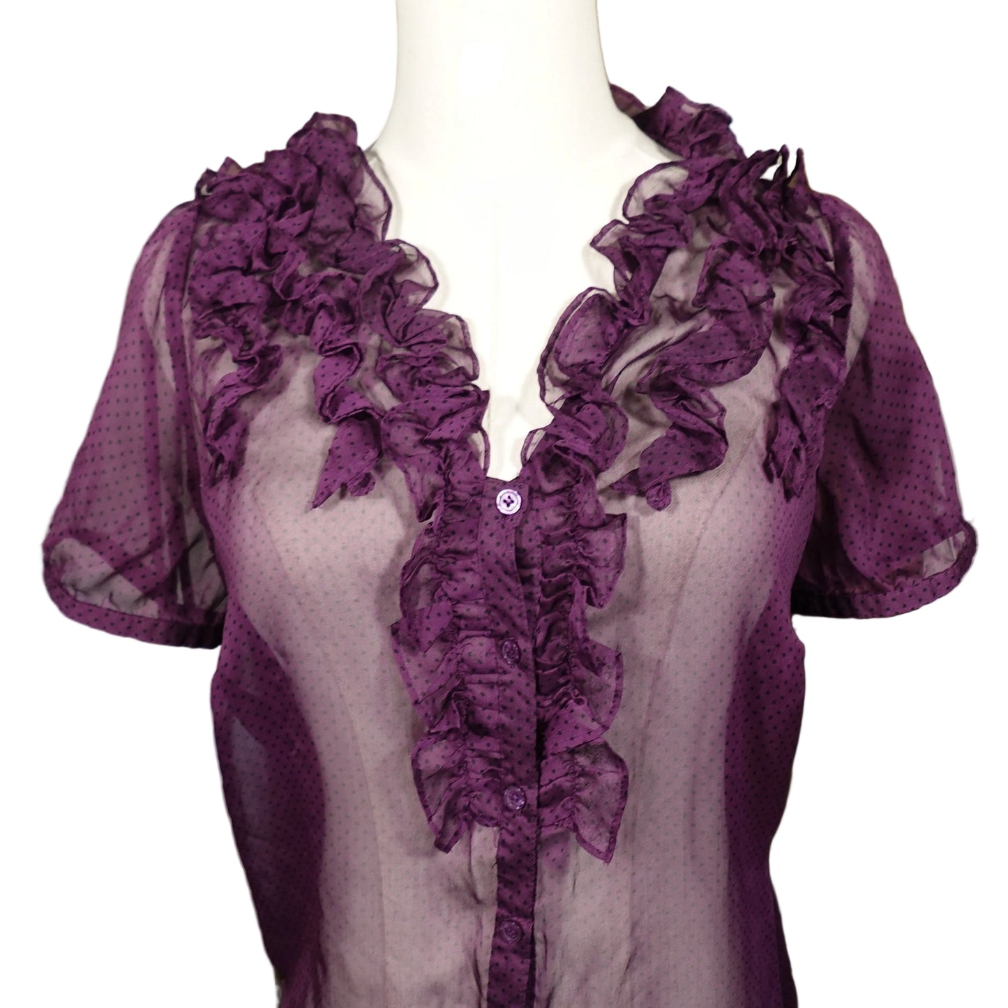 Sheer Plum Ruffle Polka Dot Blouse-M