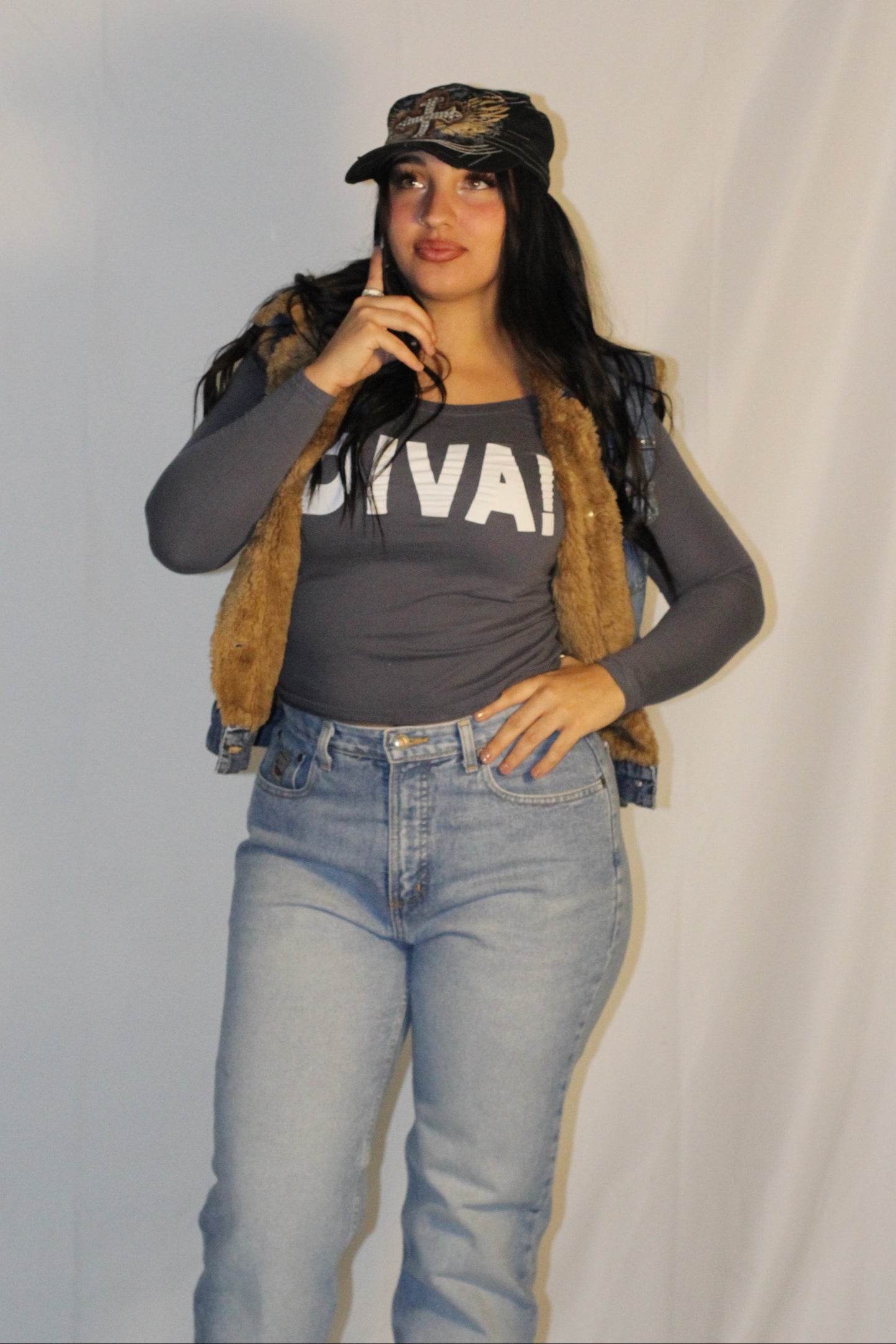 Aziza Jeans Studded Sherpa-Lined Denim Vest