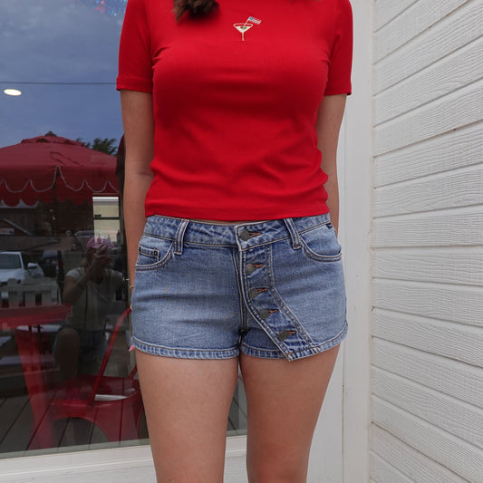 Low-Rise Button Denim Shorts