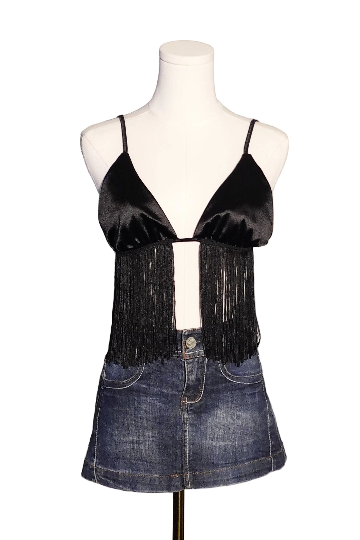 Black Satin Fringe Halter Top