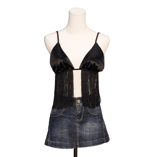 Black Satin Fringe Halter Top