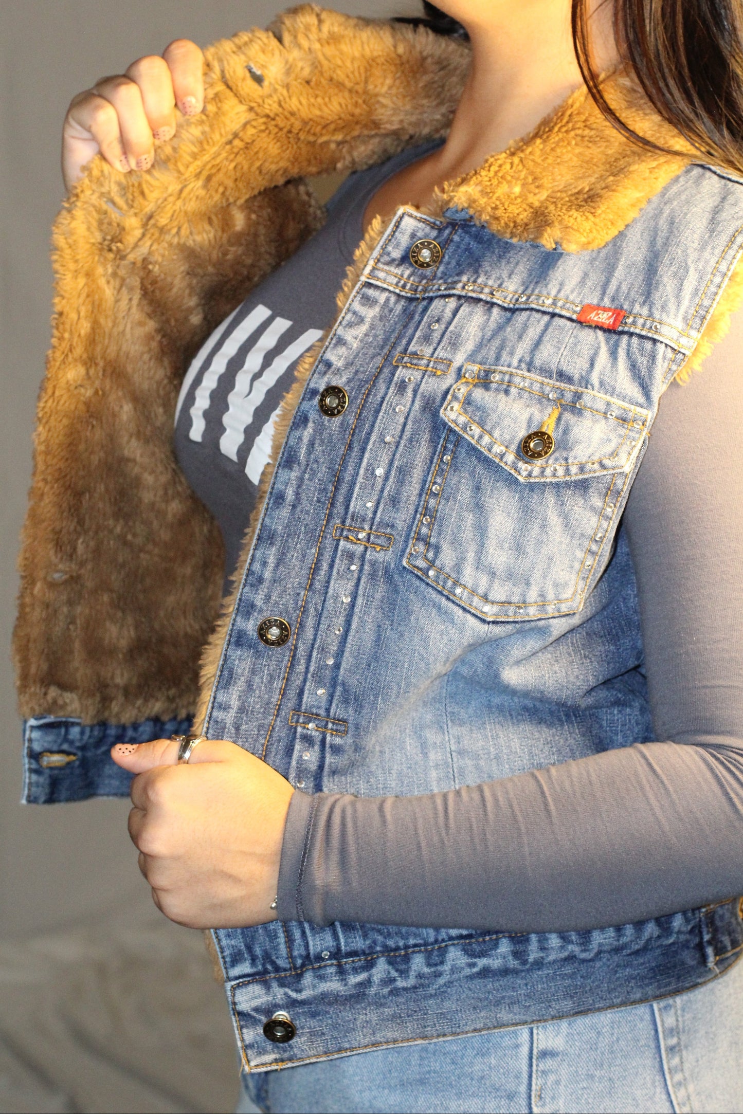 Aziza Jeans Studded Sherpa-Lined Denim Vest