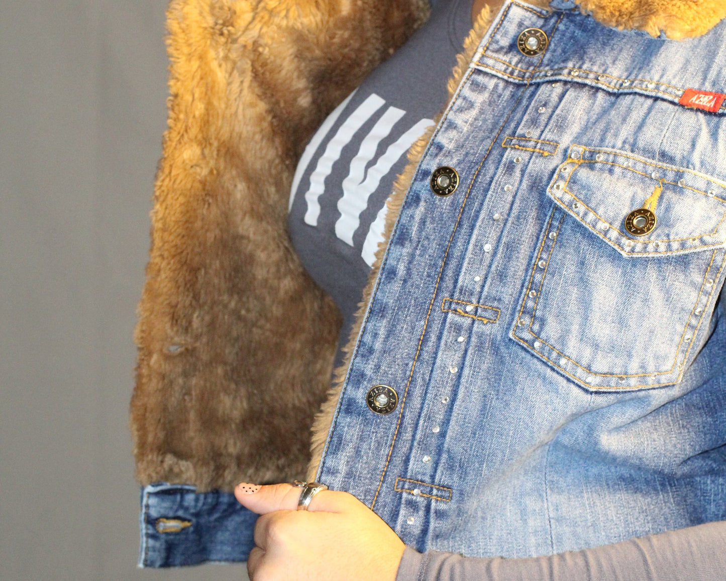 Aziza Jeans Studded Sherpa-Lined Denim Vest