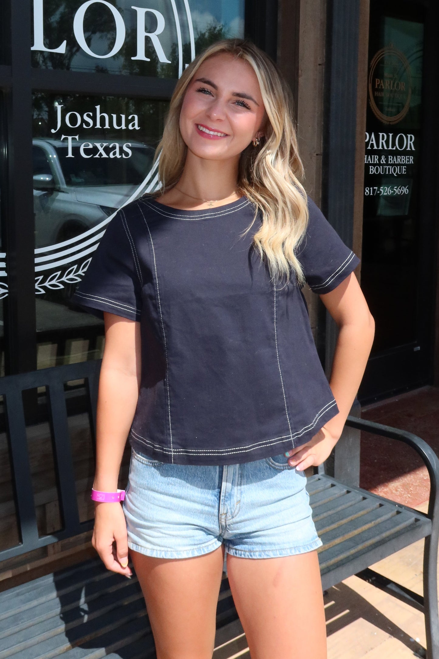 Navy Boat Neck Cotton Top