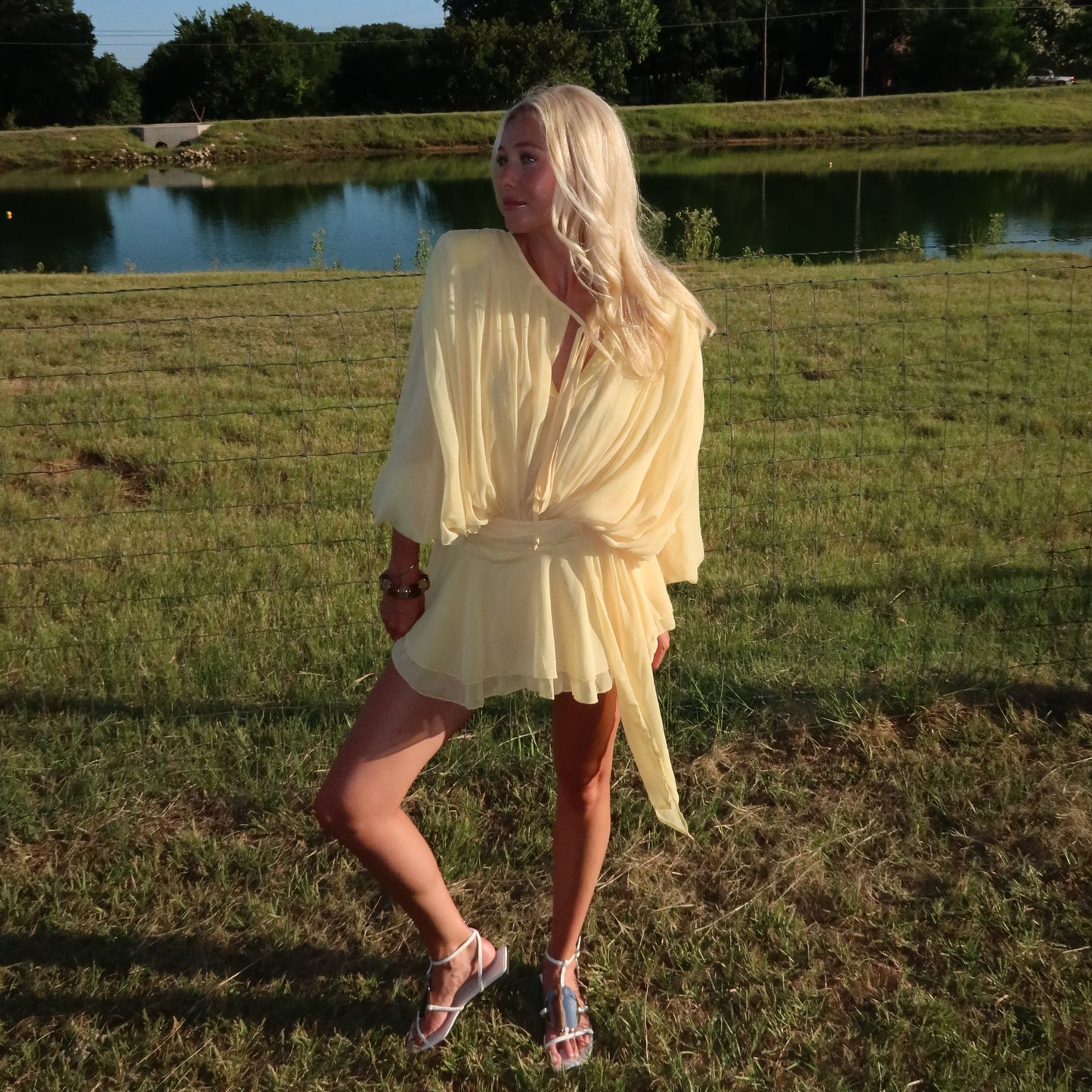 Crinkle Chiffon Shoulder Pad Ruffle Mini Dress