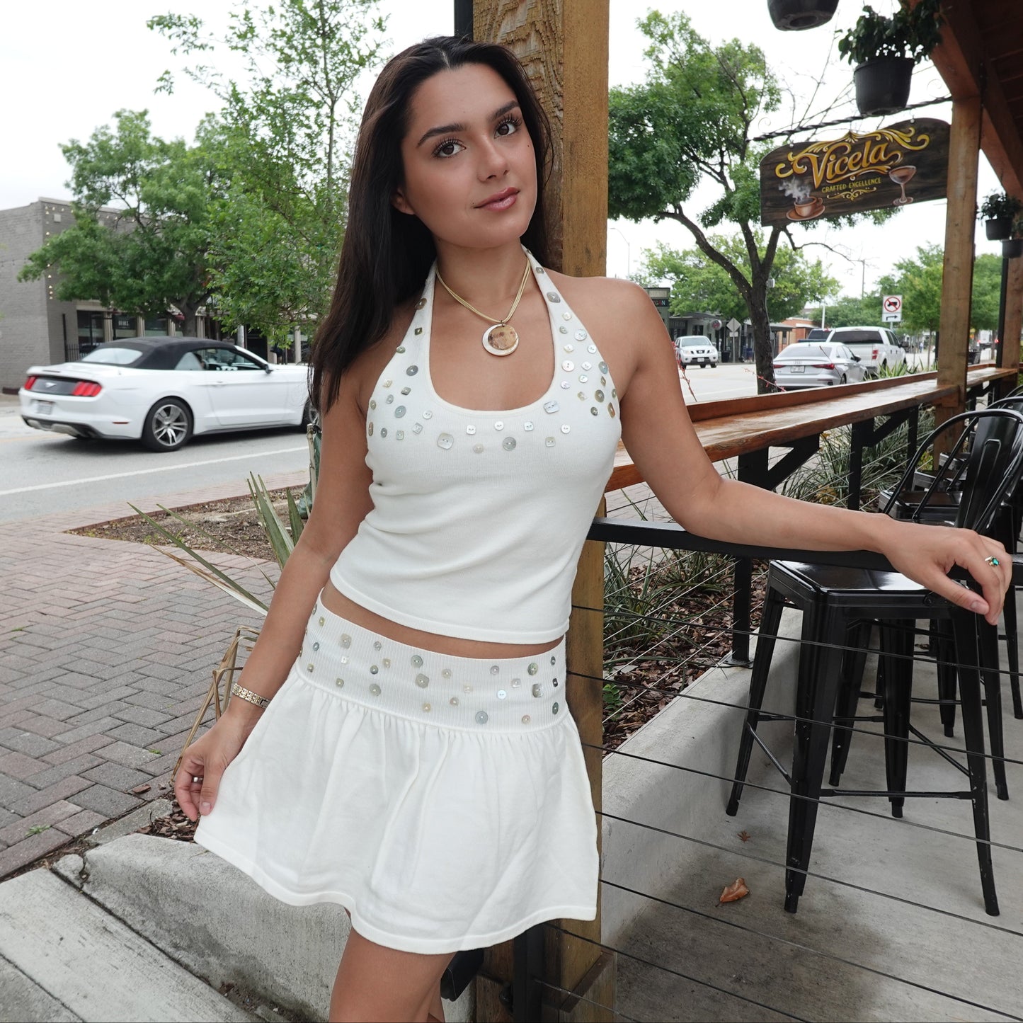 Embellished Knit Halter & Skirt Set