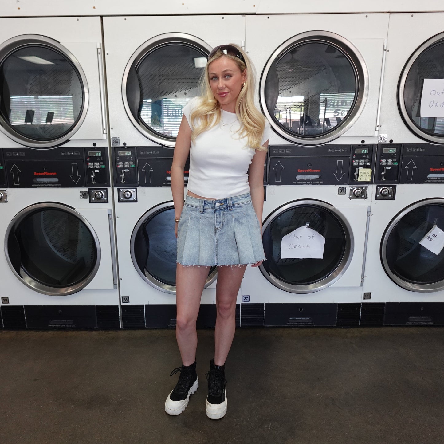 Light Wash Pleated Denim Mini Skirt