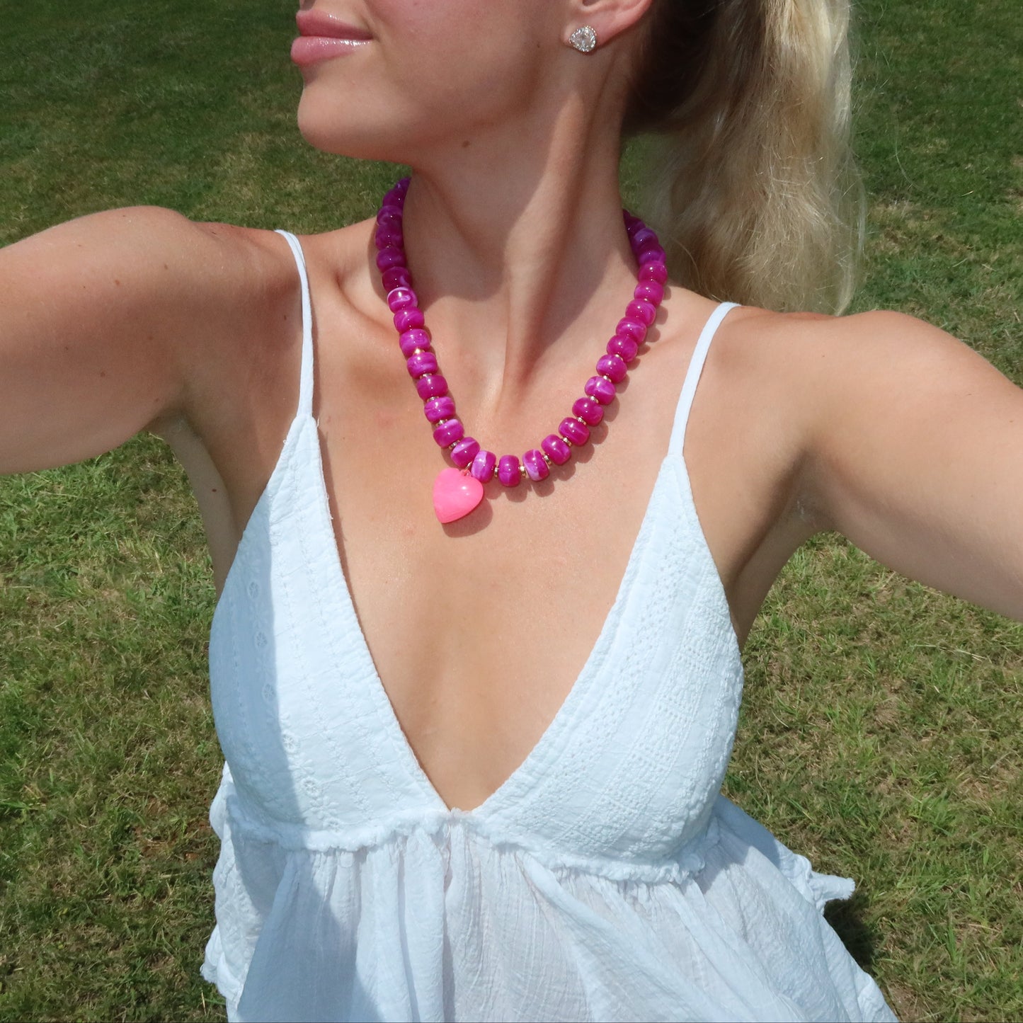 Ellison Chunky Beaded Heart Necklace - Magenta