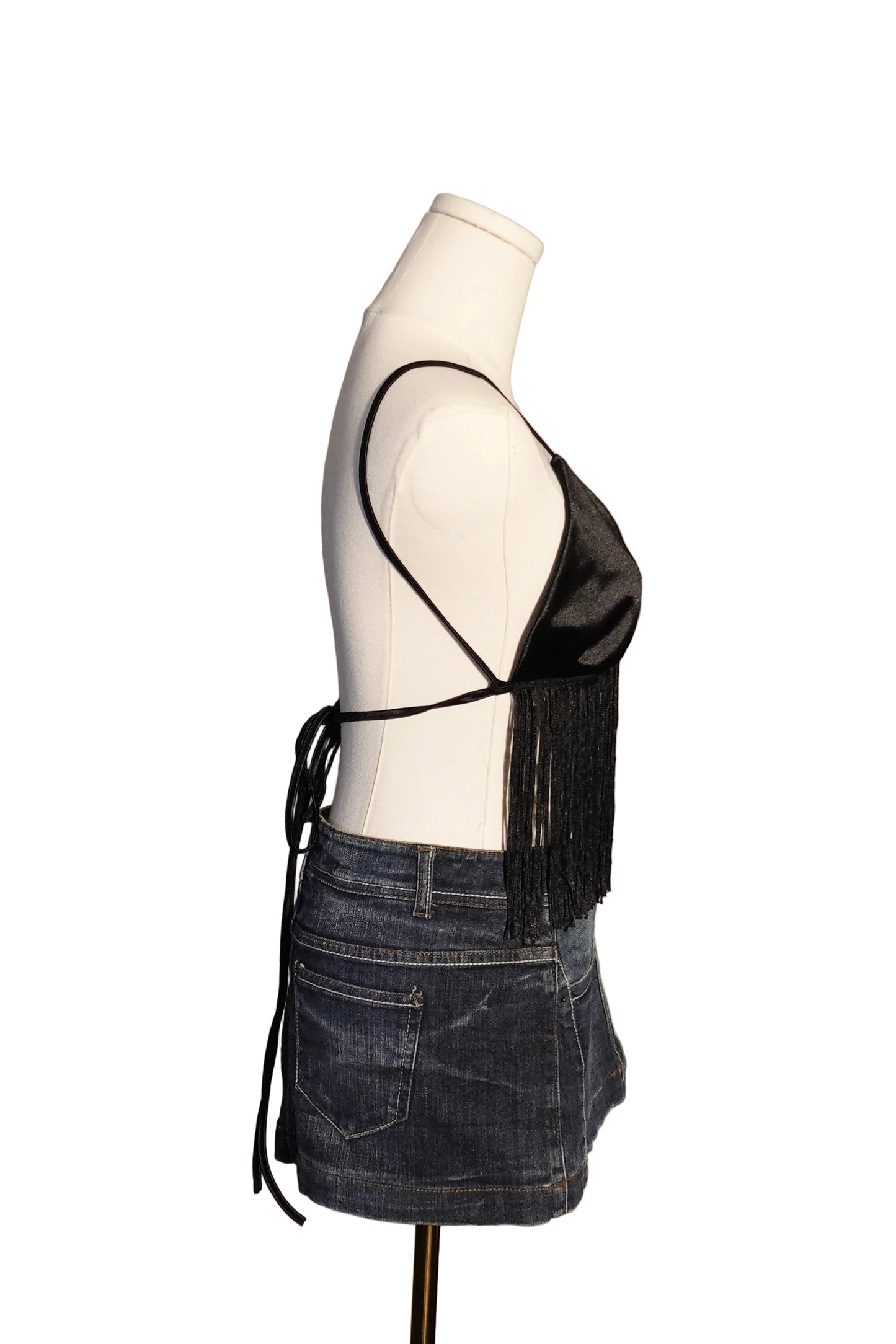 Black Satin Fringe Halter Top