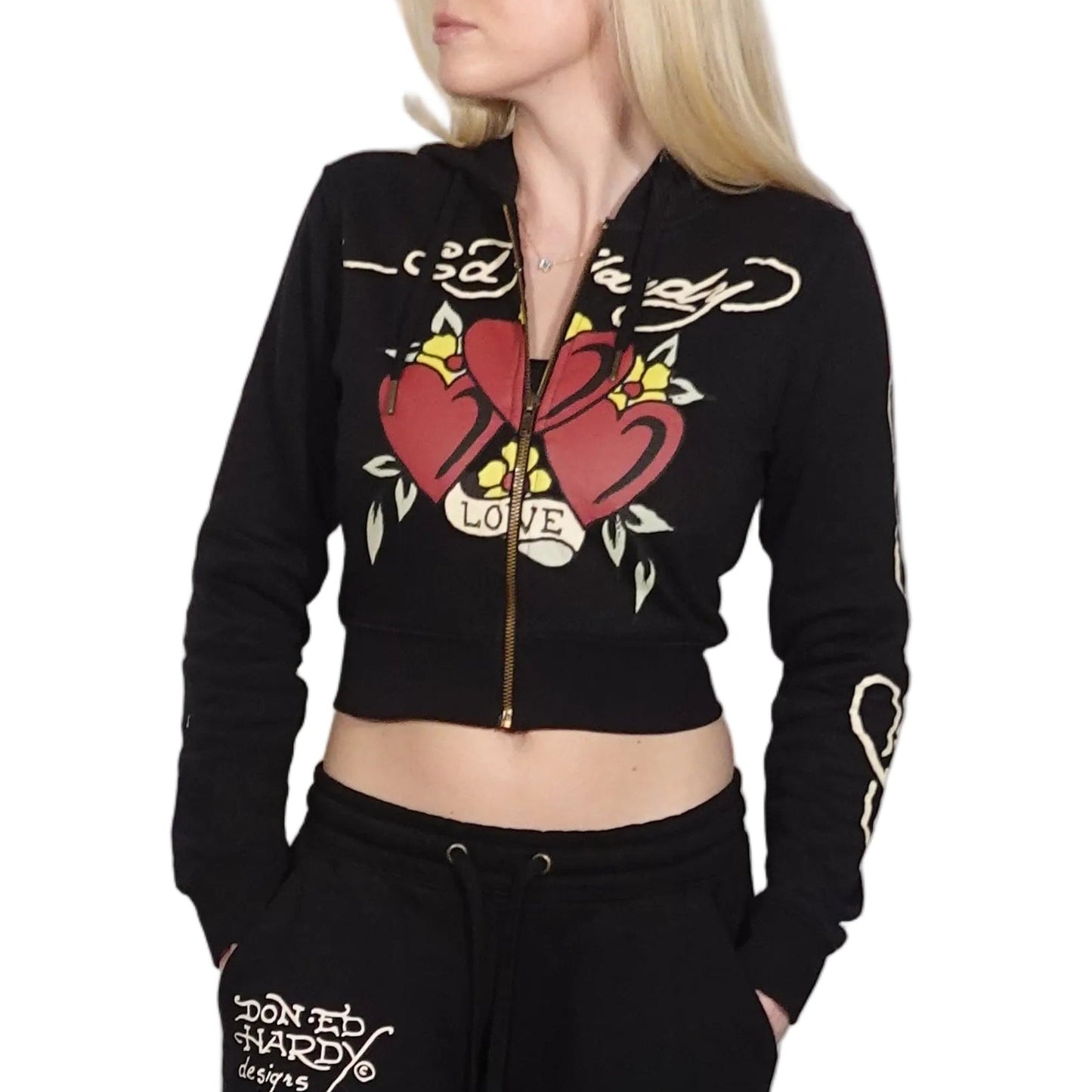 Ed Hardy Sacred Heart Black Crop Zip Hoodie Jacket (L)