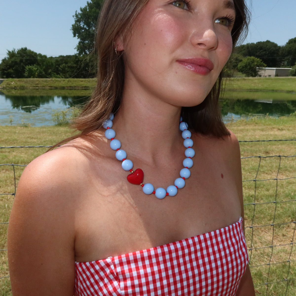Judy Chunky Beaded Heart Necklace - Light Blue