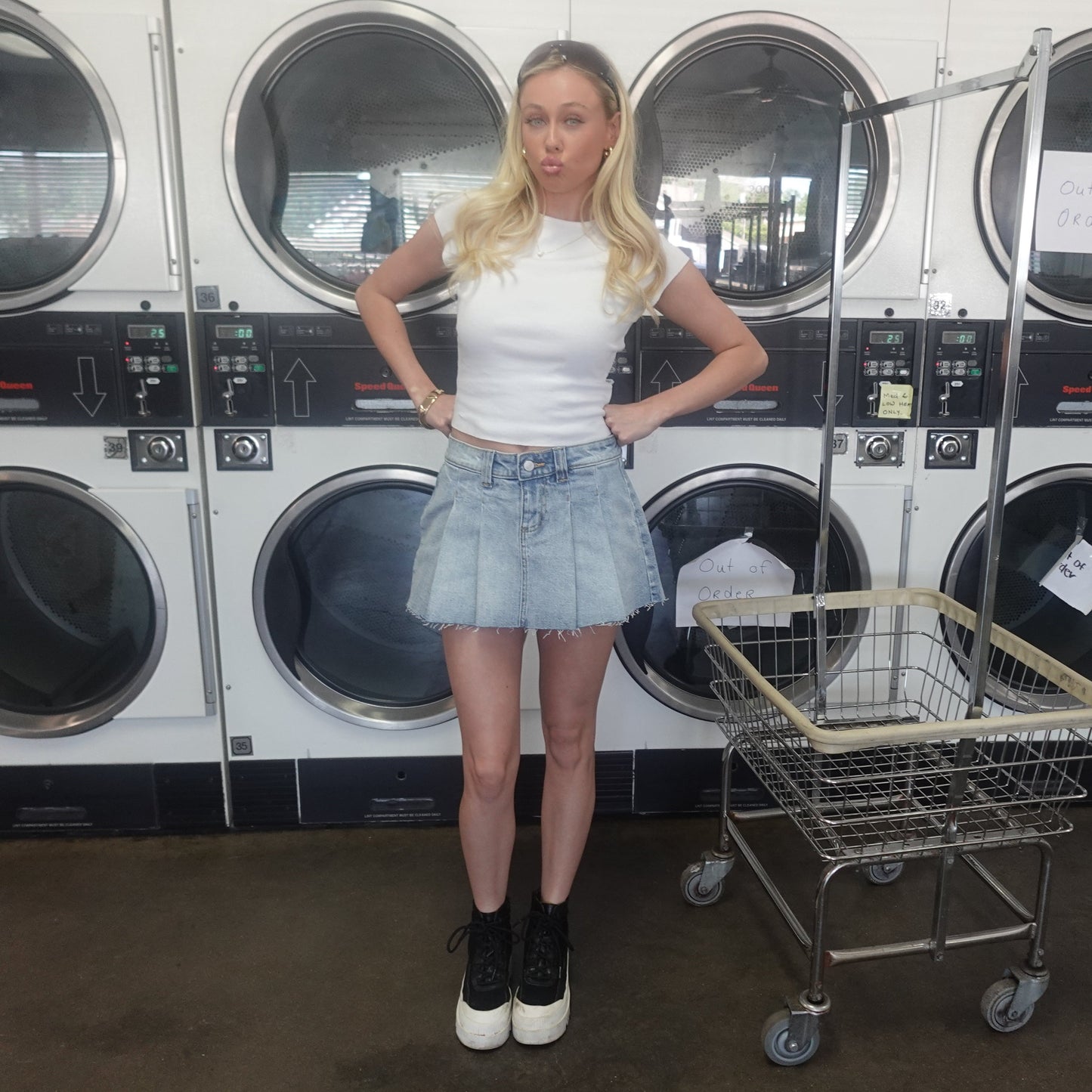 Light Wash Pleated Denim Mini Skirt