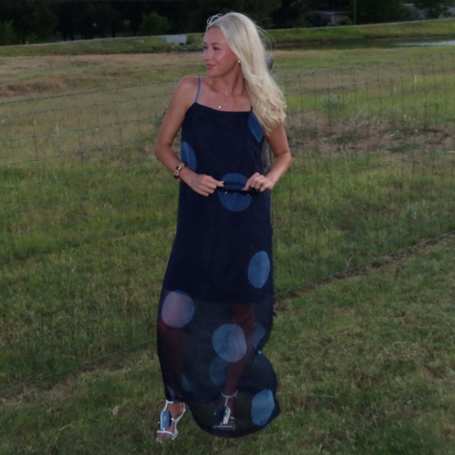 Polka Dot Sheer Overlay Maxi Dress