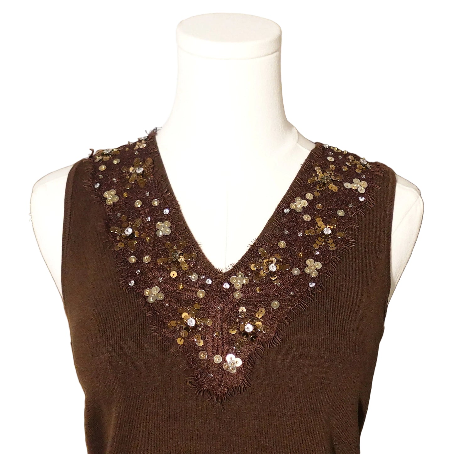 Brown Beaded V-Neck Knit Top (S)
