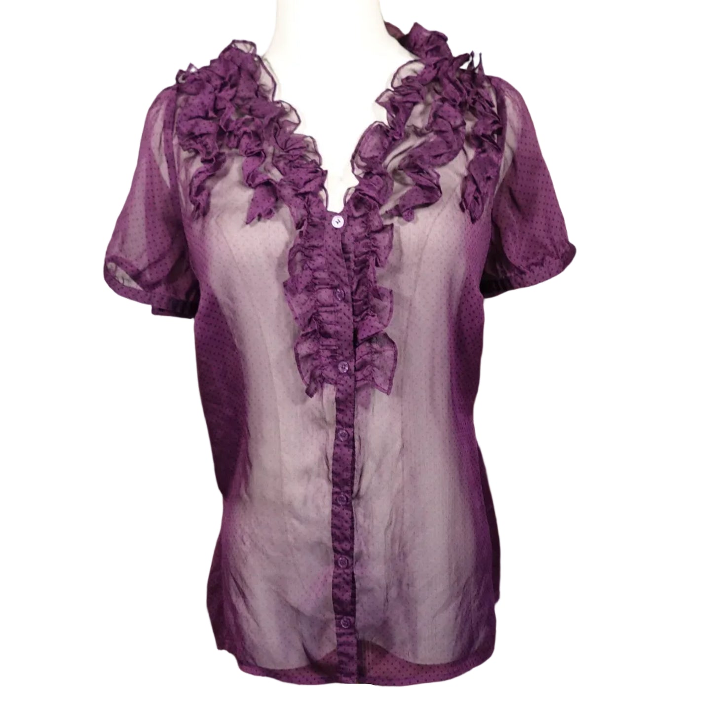 Sheer Plum Ruffle Polka Dot Blouse-M