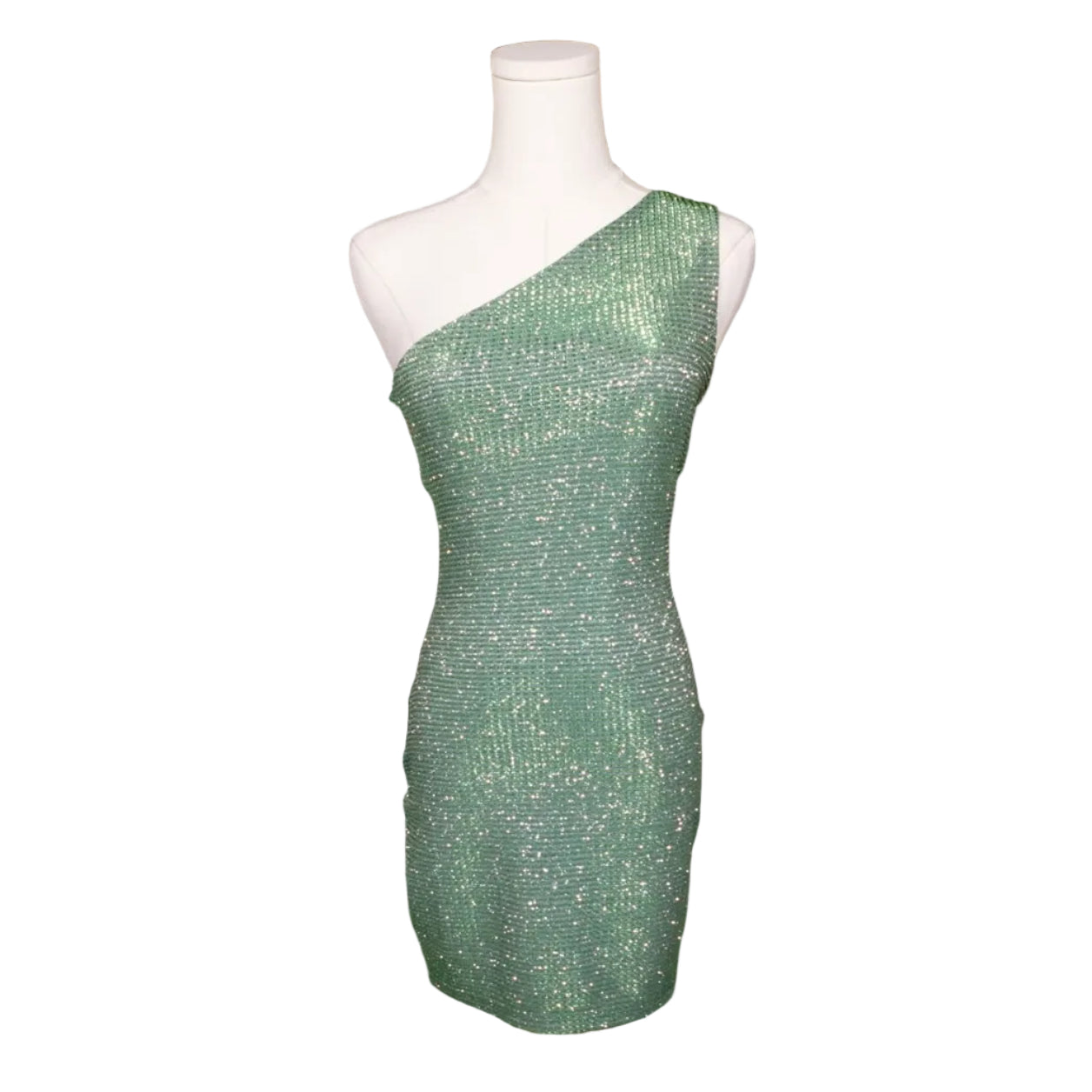 Emerald Glitz One-Shoulder Mini Dress-XS