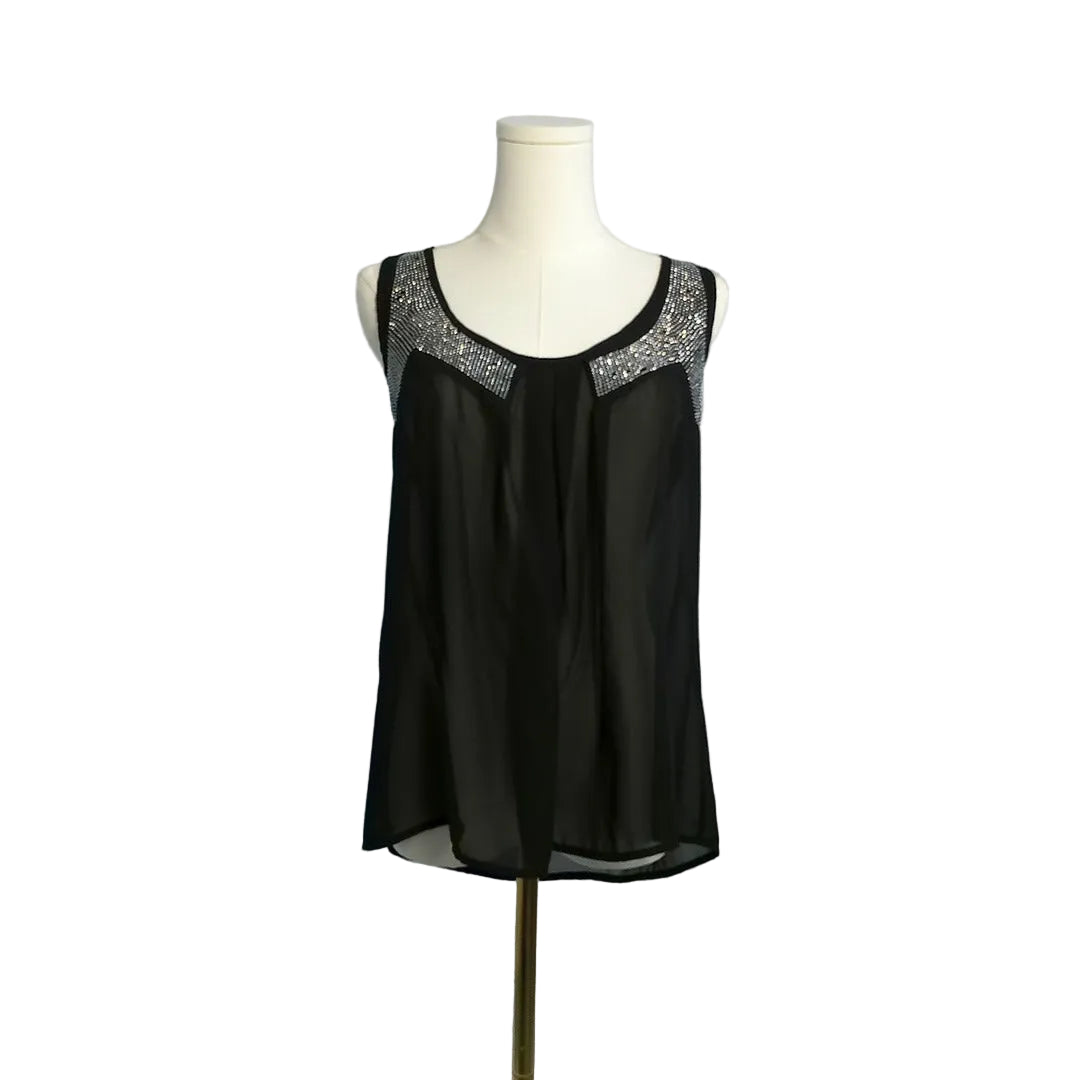Black Sheer Rhinestone Tank Top - Small