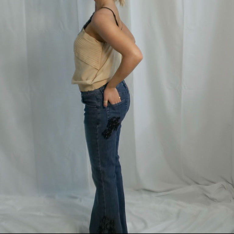 Denim Blue Jeans with Black Sequins Design