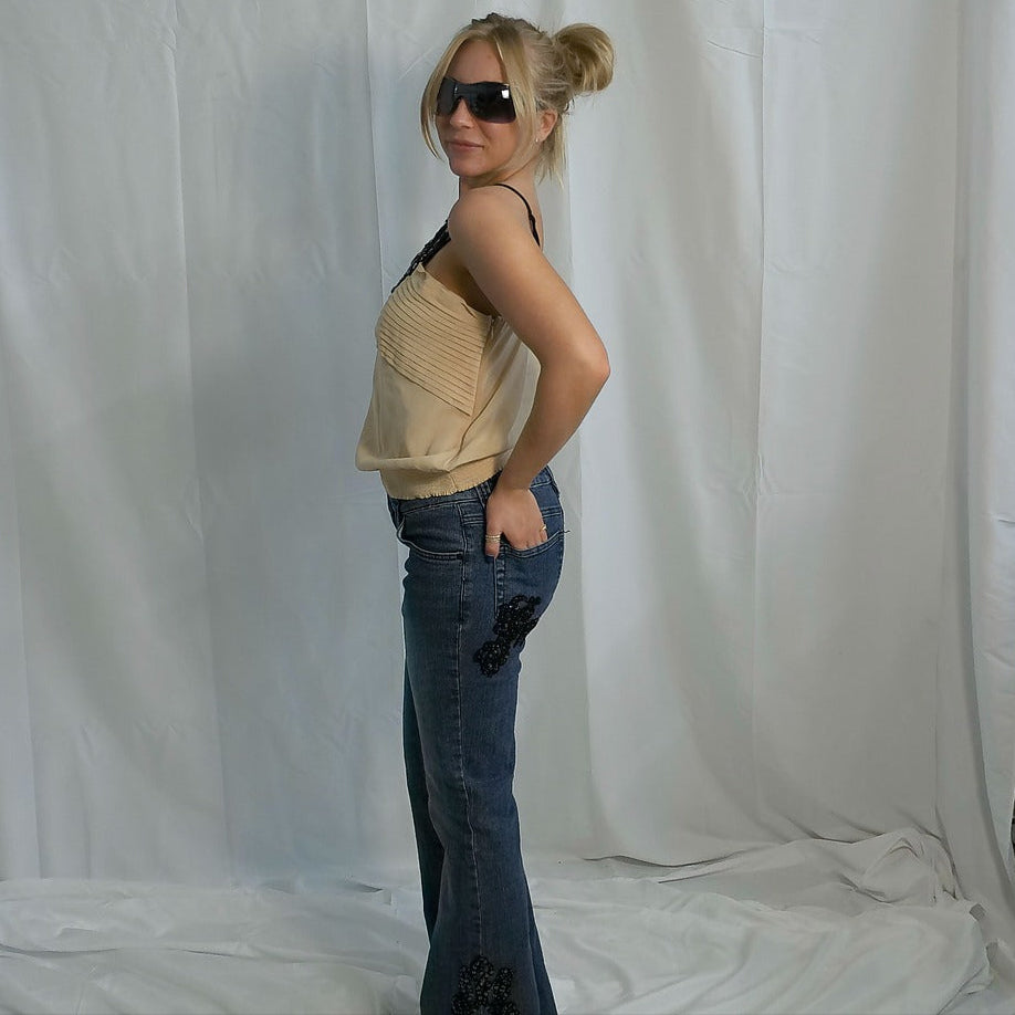 Denim Blue Jeans with Black Sequins Design