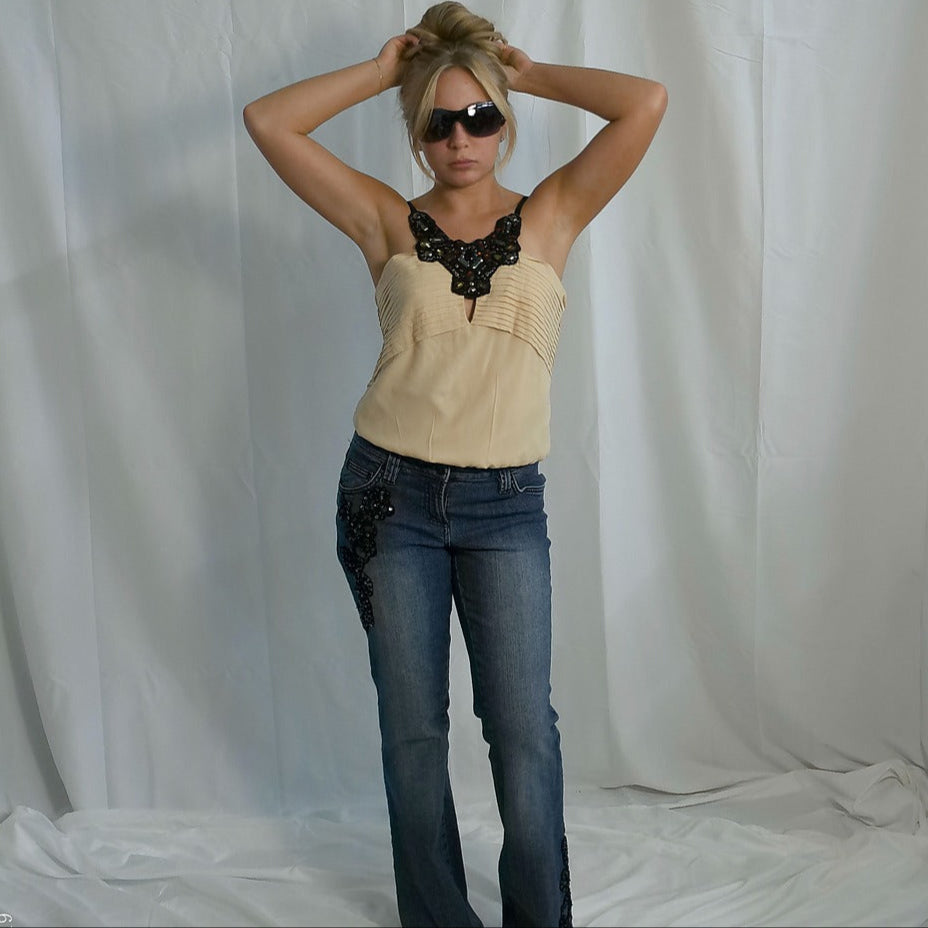 Denim Blue Jeans with Black Sequins Design