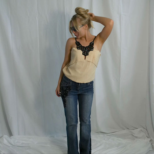 Denim Blue Jeans with Black Sequins Design