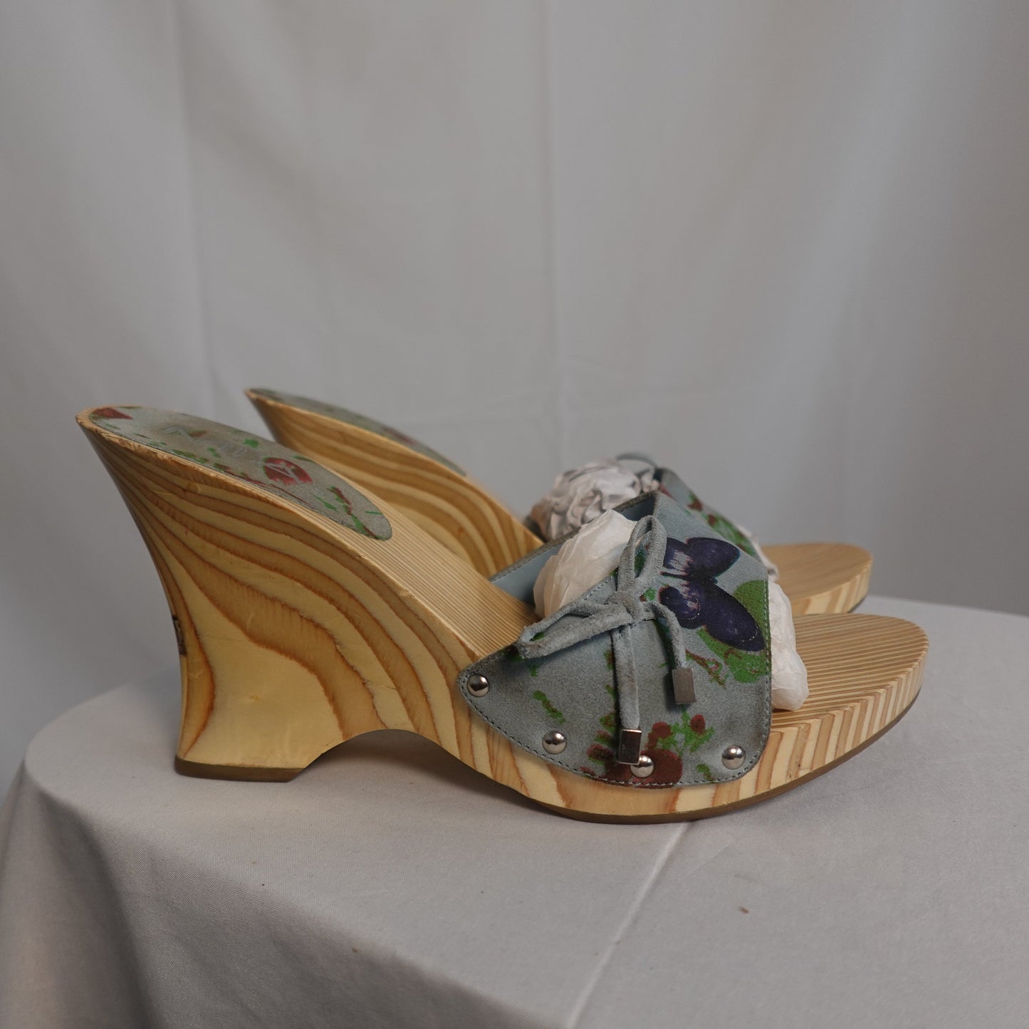 Butterfly Suede and Wood Wedge