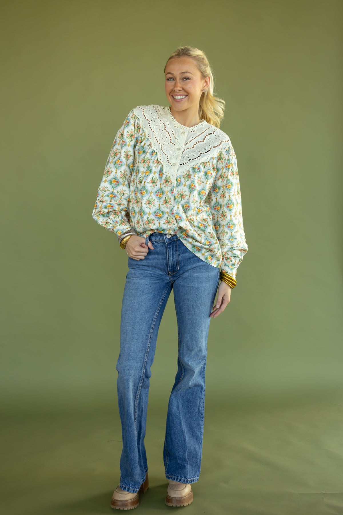 Eyelet Collar Floral Blouse