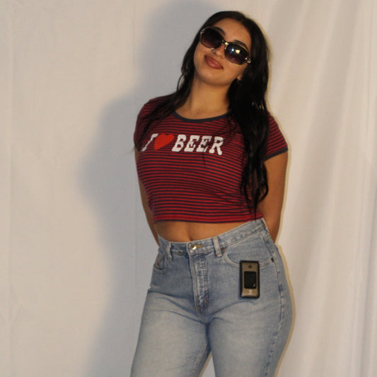 "I ❤️ BEER" Red&Navy Striped Baby Tee