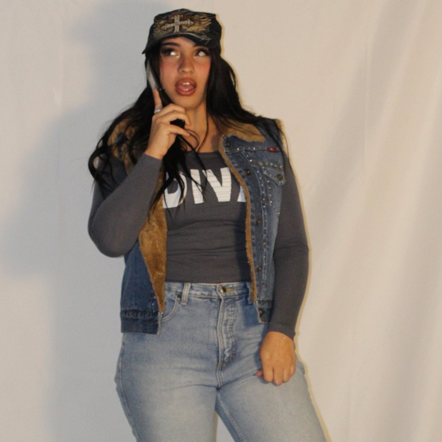 Aziza Jeans Studded Sherpa-Lined Denim Vest