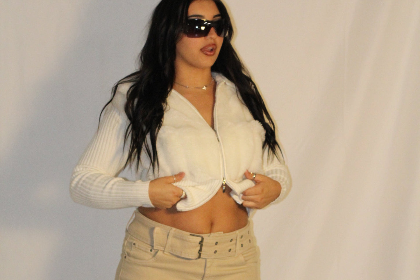 Ronnie Salloway White Faux Fur Zip Sweater