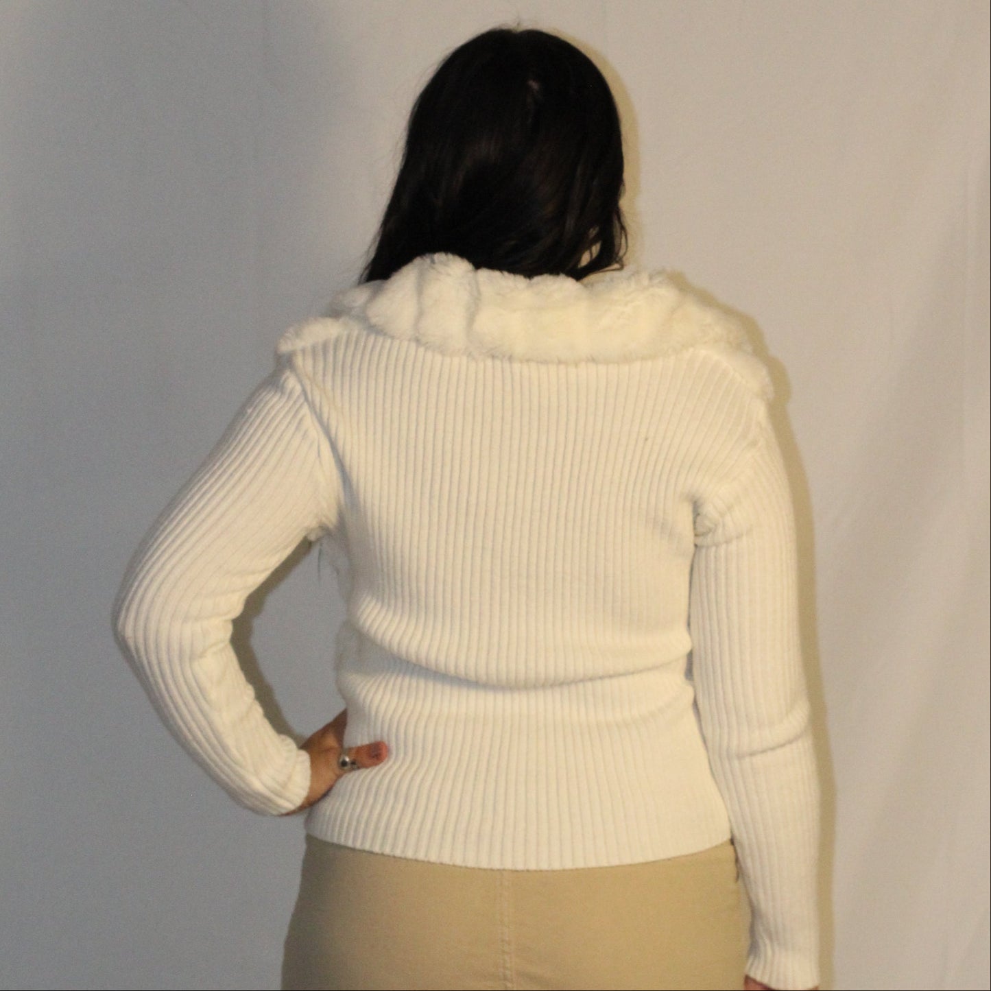 Ronnie Salloway White Faux Fur Zip Sweater
