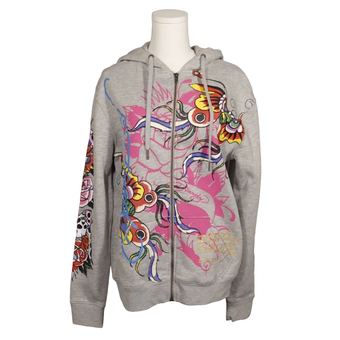 Oversized Ed Hardy Grey Zip Up Hoodie-XS